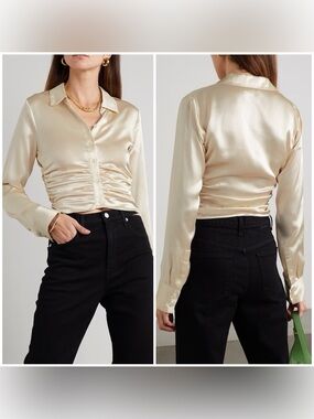 Reformation Womens 12 Ivory Cream Silk Satiny Ruched Button Up Quiet Luxury